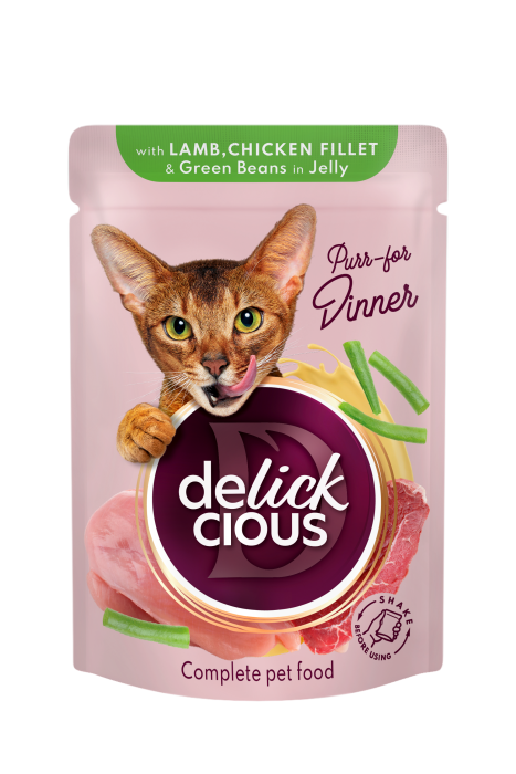 Delickcious Pełnoporcjowa karma dla kotów Kawałki z jagnięciną, kurczakiem i fasolką w galarecie (85g)