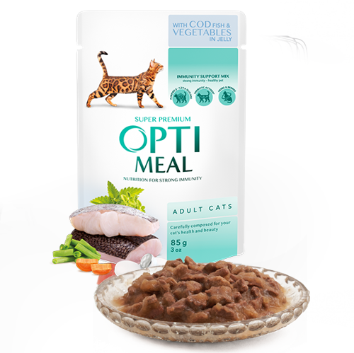 OPTI MEAL mokra karma z dorszem i warzywami w galarecie (85g)
