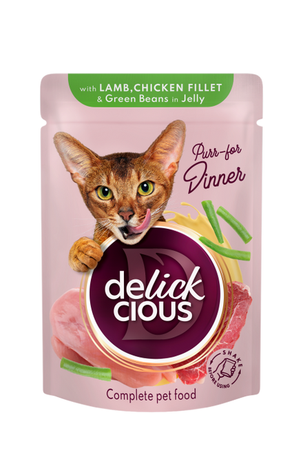 Delickcious Pełnoporcjowa karma dla kotów Kawałki z jagnięciną, kurczakiem i fasolką w galarecie (85g)