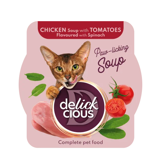 Delickcious Pełnoporcjowa karma dla kotów – Zupa z kurczaka z pomidorami i szpinakiem (80g/12)