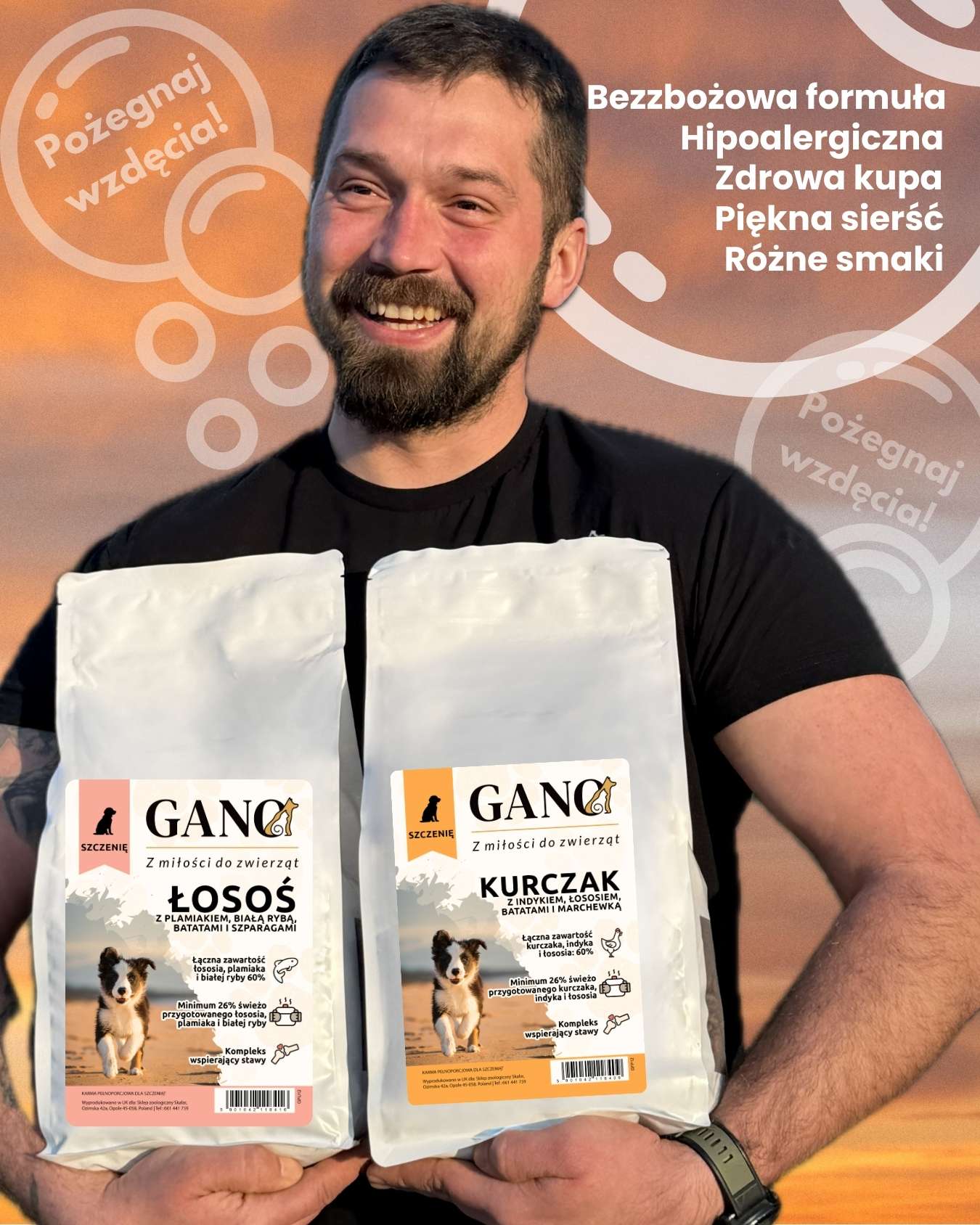 GANO Grainfree Łosoś z plamiakiem, białą rybą, batatami i szparagami (Wszystkie rasy – Szczeniak) – (2kg,12kg)